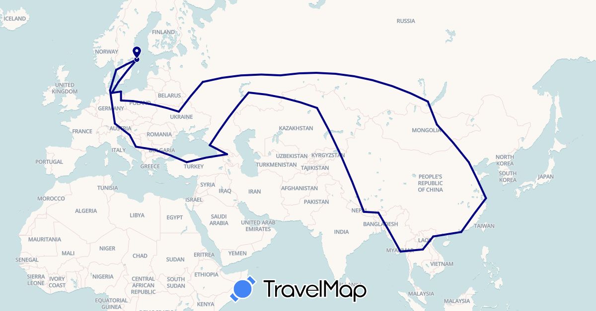 TravelMap itinerary: driving in Bosnia and Herzegovina, Bulgaria, Bhutan, China, Germany, Denmark, Georgia, Croatia, Kazakhstan, Myanmar (Burma), Mongolia, Nepal, Poland, Russia, Sweden, Thailand, Turkey, Ukraine, Vietnam (Asia, Europe)