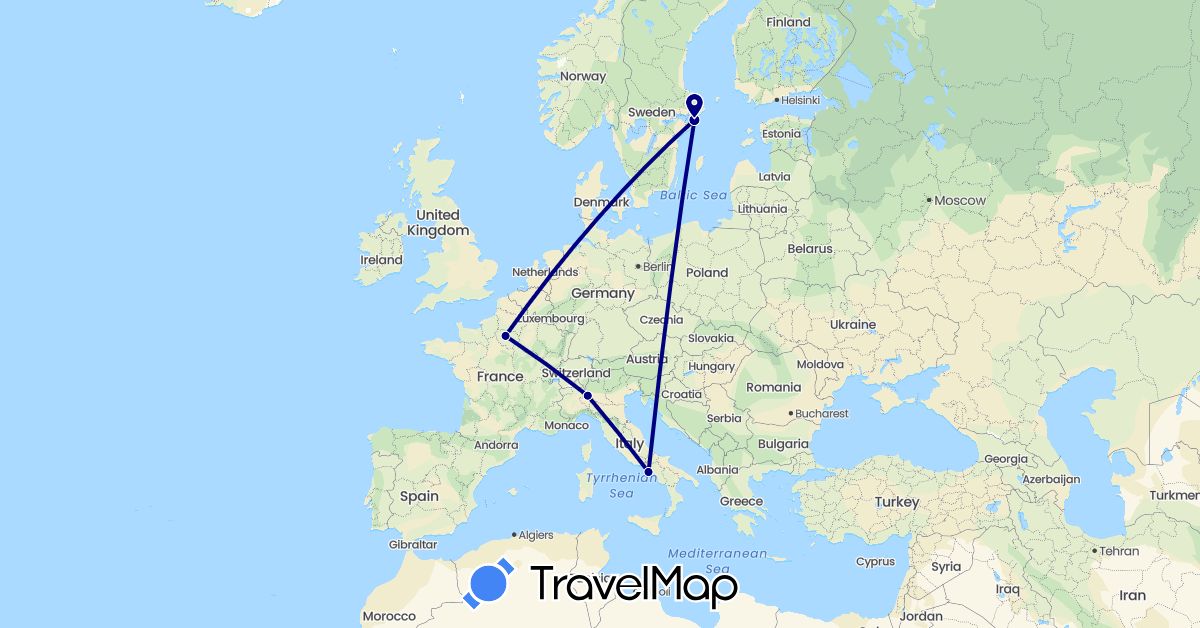 TravelMap itinerary: driving in France, Italy, Sweden (Europe)